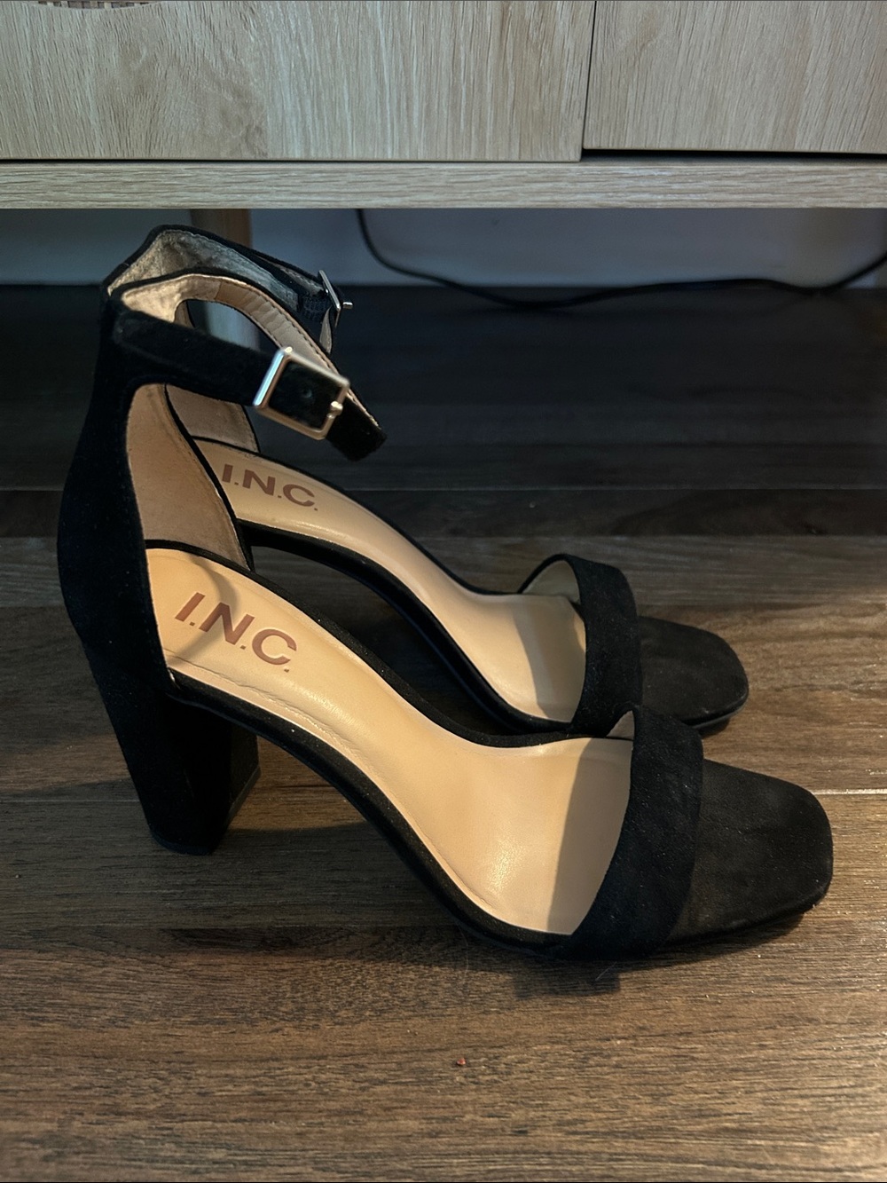 INC International Concepts Black Suede Ankle-Strap Block Heels